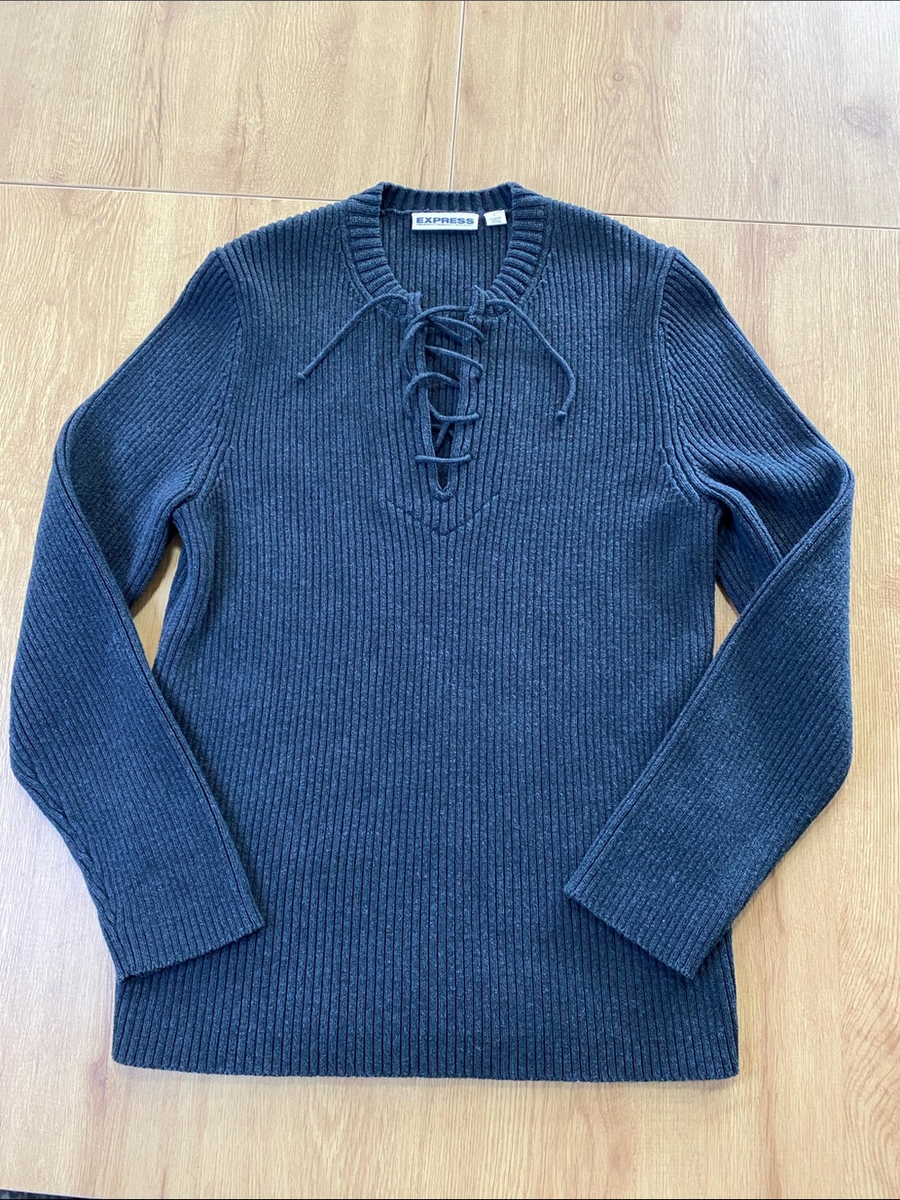 Express Men's Lace-Up Ribbed Sweater - Dark Grey